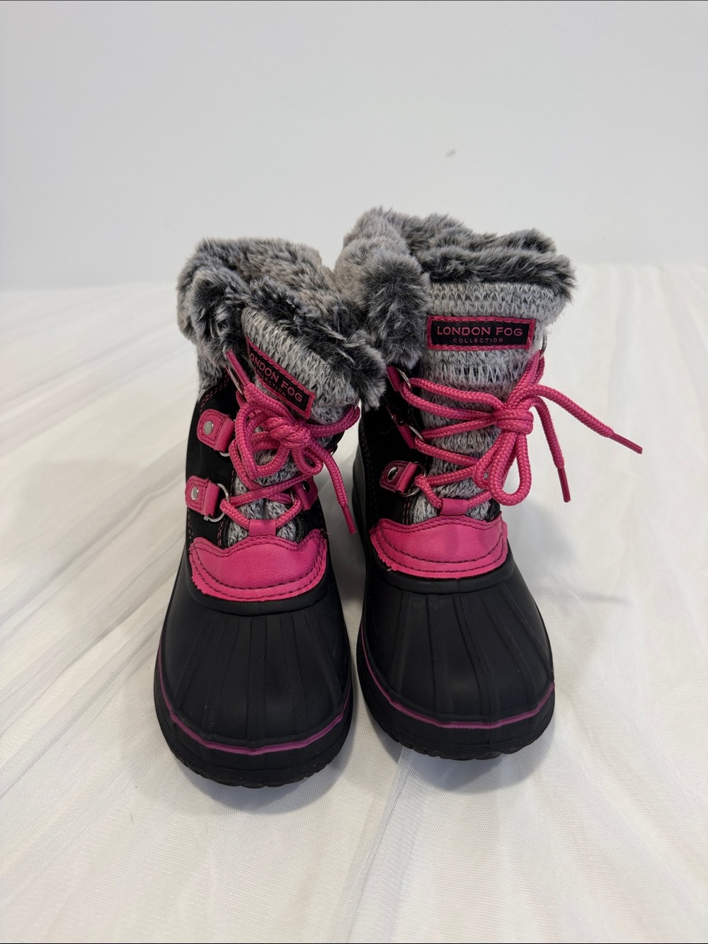 London Fog Black and Hot Pink Girls' Faux Fur Snow Boots size 13